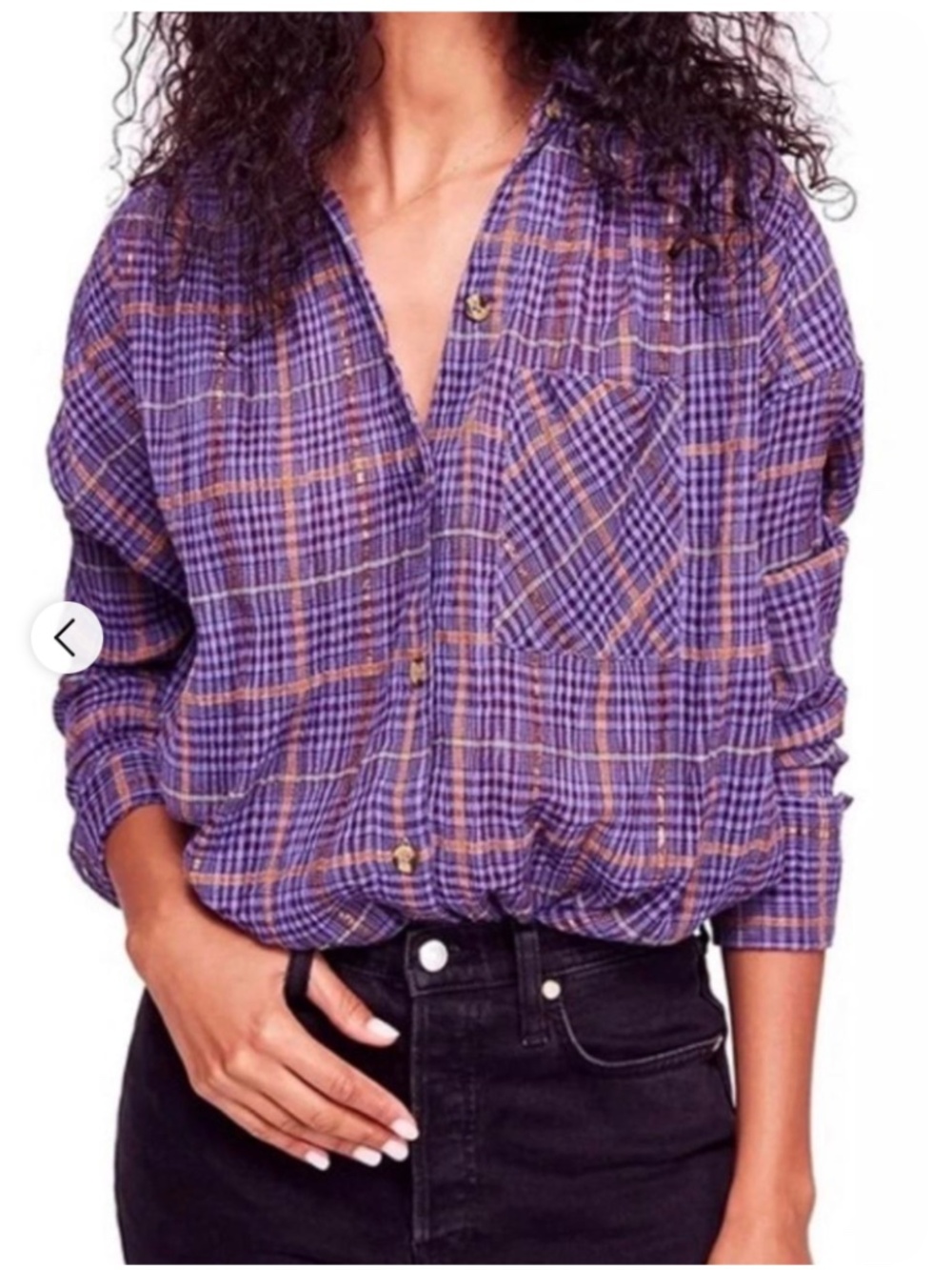Free People Break My Stride Button Down Up Shirt Tunic Purple Metallic Small